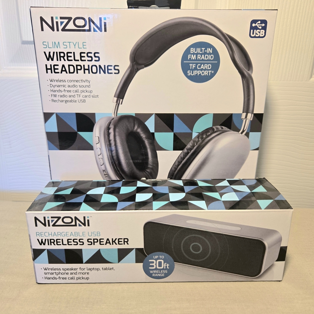 Silver Wireless Headphones and Speaker Set
